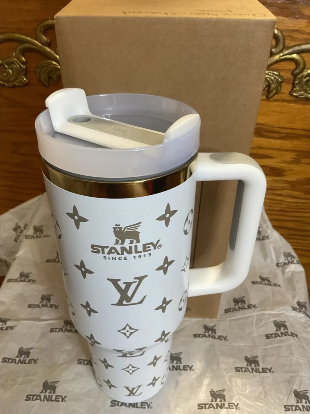 Stanley White Travel Mug with Gold Monogram Accents - Picture 2 of 6